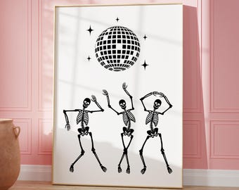Impresión de esqueletos bailando, descarga digital, arte mural de Halloween, arte mural moderno, póster de esqueleto de discoteca, decoración de pared divertida, impresión de bola de discoteca