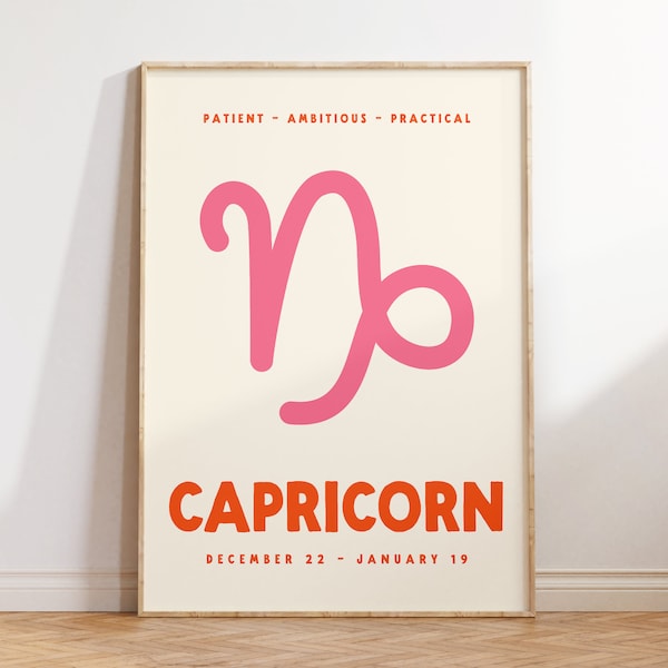 Capricorn Print, Zodiac Poster, Digital Download Print, Trendy Wall Art, Star Sign Print, Preppy Wall Decor, Pink and Orange, Printable Art