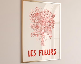 Les Fleurs Poster, Digital Download, Botanical Print, Hand Drawn Flower Print, Retro Floral Poster, Flower Market Print, Flowers Wall Art