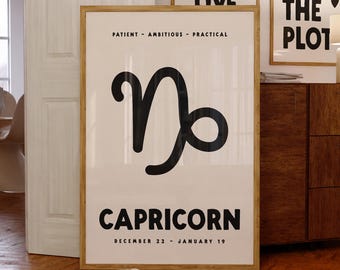 Capricorn Zodiac Print, Digital Download, Star Sign Poster, Capricorn Zodiac Star Sign Gifts, Trendy Wall Art Printable