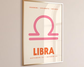 Libra Print, Digital Download, Zodiac Poster, Trendy Wall Art, Star Sign Print, Preppy Wall Decor, Pink and Orange, Printable Art