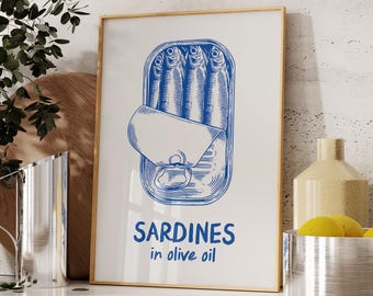 Impressão digital de lata de sardinhas, pôster vintage para decoração de cozinha, arte retrô de comida.