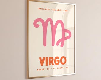 Virgo Print, Digital Download, Zodiac Poster, Trendy Wall Art, Star Sign Print, Preppy Wall Decor, Pink and Orange, Printable Art
