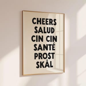 Cheers Print, Digital Download, Trendy Wall Art, Bar Cart Poster, Kitchen Decor, Printable Art, Cin Cin Print, Monochrome Poster