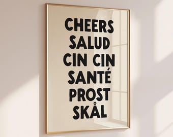 Cheers Print, Digital Download, Trendy Wall Art, Bar Cart Poster, Kitchen Decor, Printable Art, Cin Cin Print, Monochrome Poster