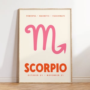 Skorpion Wydruk, plakat zodiakalny, wydruk do pobrania cyfrowego, modna sztuka ścienna, wydruk znaku zodiaku, dekoracja ścienna Preppy, różowy i pomarańczowy, sztuka do druku