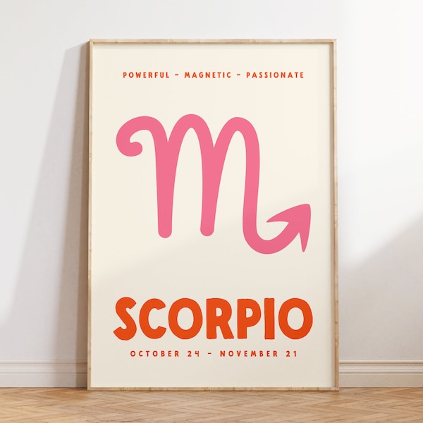 Scorpio Print, Zodiac Poster, Digital Download Print, Trendy Wall Art, Star Sign Print, Preppy Wall Decor, Pink and Orange, Printable Art