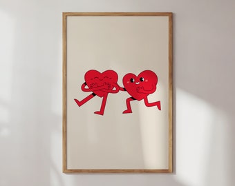 Simpatica stampa di cuori retrò, poster di San Valentino, download digitale, arte da parete alla moda, poster d'amore, decorazione da parete retrò, arredamento estetico del dormitorio