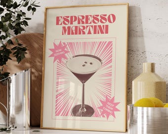 Espresso Martini Print, Digital Download, Bar Cart Art, Retro Cocktail Poster, Alcohol Print, Drinks Wall Art, Aesthetic Kitchen Decor
