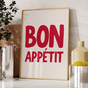 Bon Appetit プリント、デジタルダウンロード、モダンなキッチンウォールアート、美しいキッチンデコレーション、マキシマリストポスター、フランス語の名言ポスター、グルメギフト