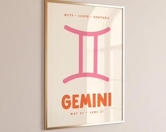 Gemini Print, Digital Download, Zodiac Poster, Trendy Wall Art, Star Sign Print, Preppy Wall Decor, Pink and Orange, Printable Art
