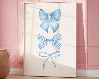 Watercolor Blue Bow Print, Digital Download, Trendy Wall Art, Coquette Room Decor