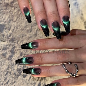 black green cat eye shiny glitter crystal wear nails/long pointed fake crystal nails/handmade wear nail/trendy long press on nails