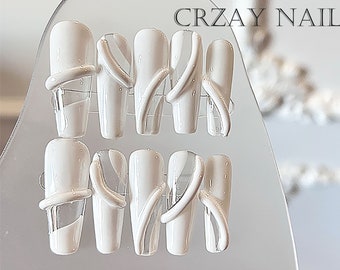 Milky white and transparent press on nails/line 3D nails/waves en blanc nail/line art nail design/swirl abstract white lines nails long