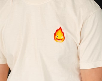 Calcifer Embroidered Tee Shirt, Howl's Moving Castle, Anime Shirt, Studio Ghibli Apparel