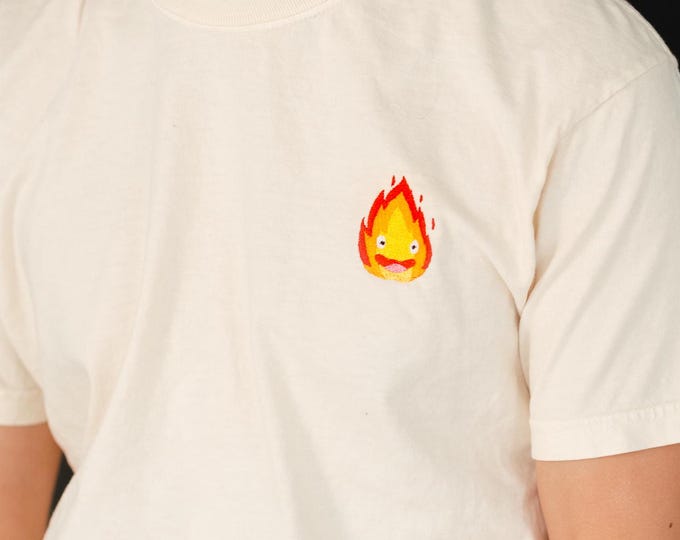Calcifer Embroidered Tee Shirt, Howl's Moving Castle, Anime Shirt, Studio Ghibli Apparel