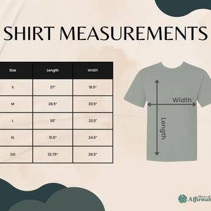May include: A chart showing shirt measurements in inches for sizes S, M, L, XL, and 2XL. The chart shows the length and width of each size. A diagram of a shirt shows the length and width measurements.