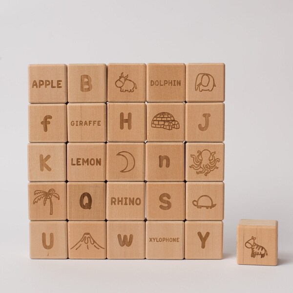 Handmade Wooden English Alphabet Blocks - Set of 26 - Educational Toy for Children - Natural Wood - ABC Block Set