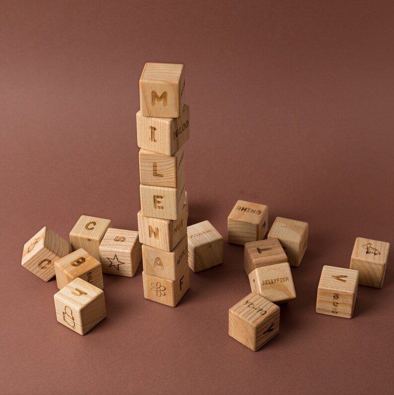 Handmade Wooden English Alphabet Blocks Set of 26 Educational Toy for Children Natural Wood ABC Block Set image 8
