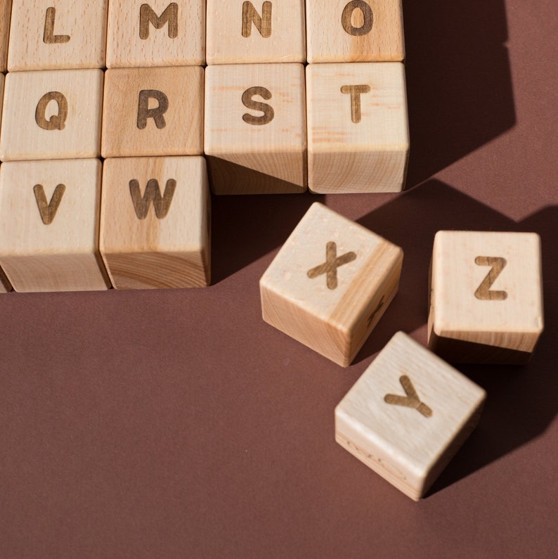 Handmade Wooden English Alphabet Blocks Set of 26 Educational Toy for Children Natural Wood ABC Block Set image 3