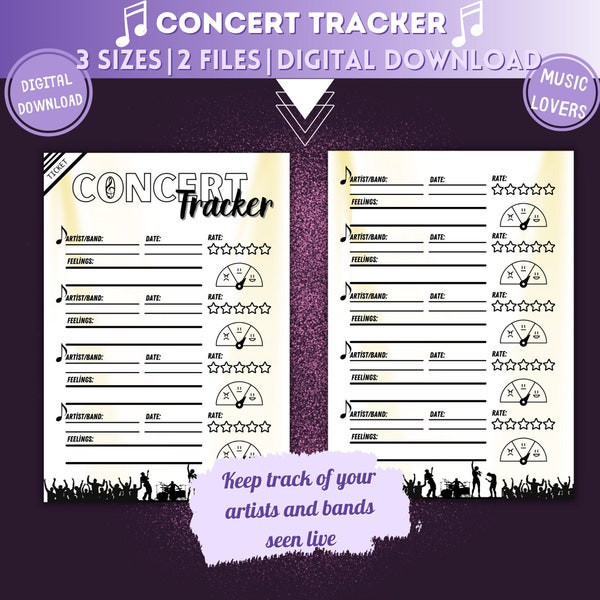 Concert Tracker | Music Journal | Artists Live Tracker | Bands Live Tracker | Music Template | Concert Planner | Digital Download