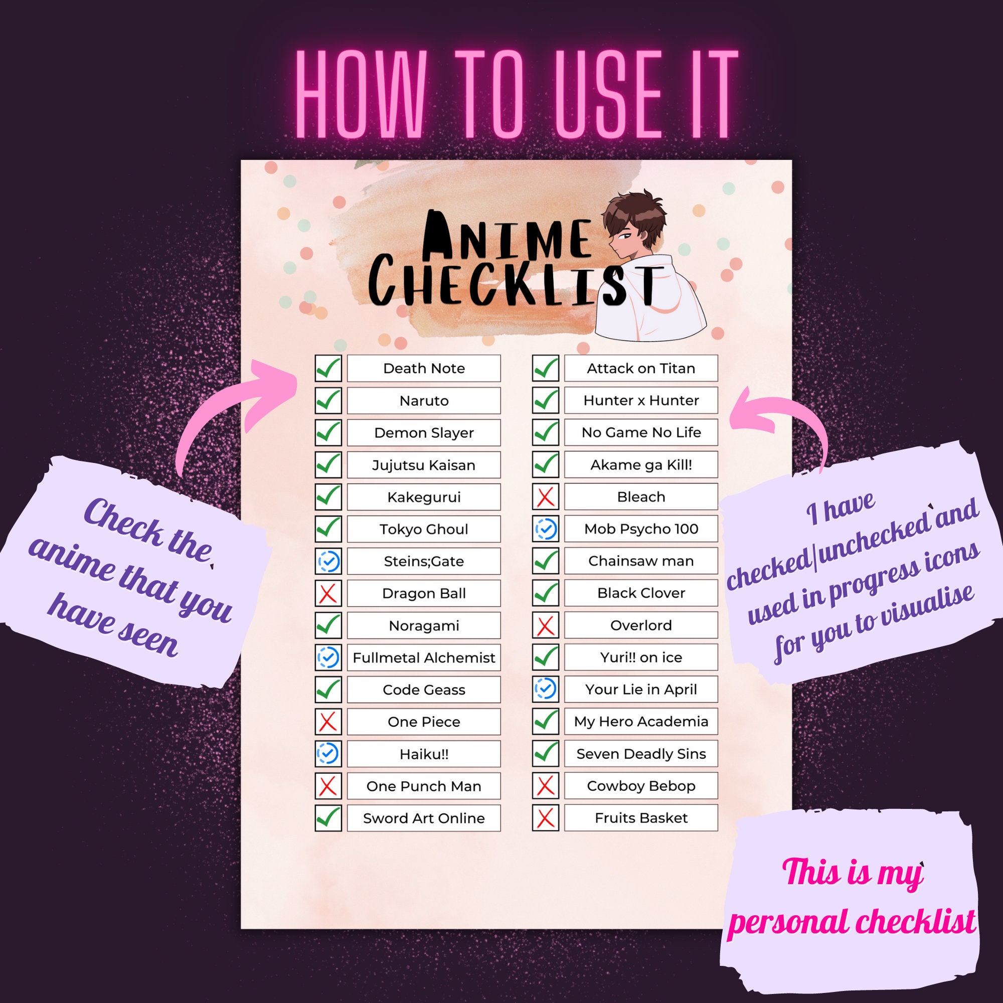 Lifetime Anime Checklist Anime Tracker Anime List to See Anime Design