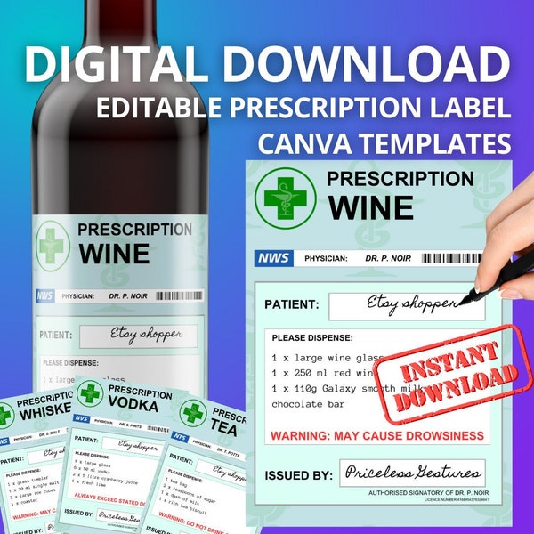 Editable Prescription Label Canva Templates - Custom Wine, Tea, Vodka & More! Instant Download, Printable Mock Labels