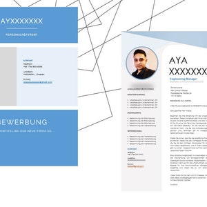 Może przedstawiać: Szablon CV w kolorze niebieskim i białym z fotografią osoby. CV jest dla Aya Xxxxxx, kierownika ds. inżynierii. CV zawiera sekcję dotyczącą doświadczenia zawodowego, umiejętności i wykształcenia.