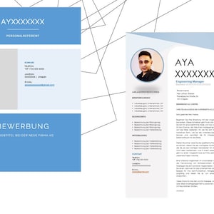 Może przedstawiać: Szablon CV w kolorze niebieskim i białym ze zdjęciem osoby. CV jest dla Aya Xxxxxx, kierownika ds. inżynierii. CV zawiera sekcję umiejętności, doświadczenia zawodowego i wykształcenia.