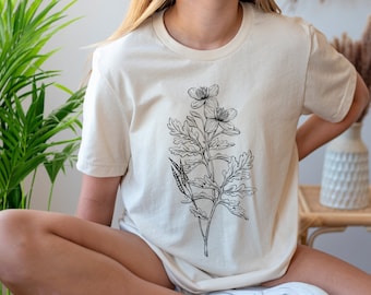 Vintage Boho Wildflower Shirt, Wildflowers Tee, Handdrawn Plants Tshirt, Botanical Flower T-shirt, Minimal Retro Line Art Tee, Gift for Her