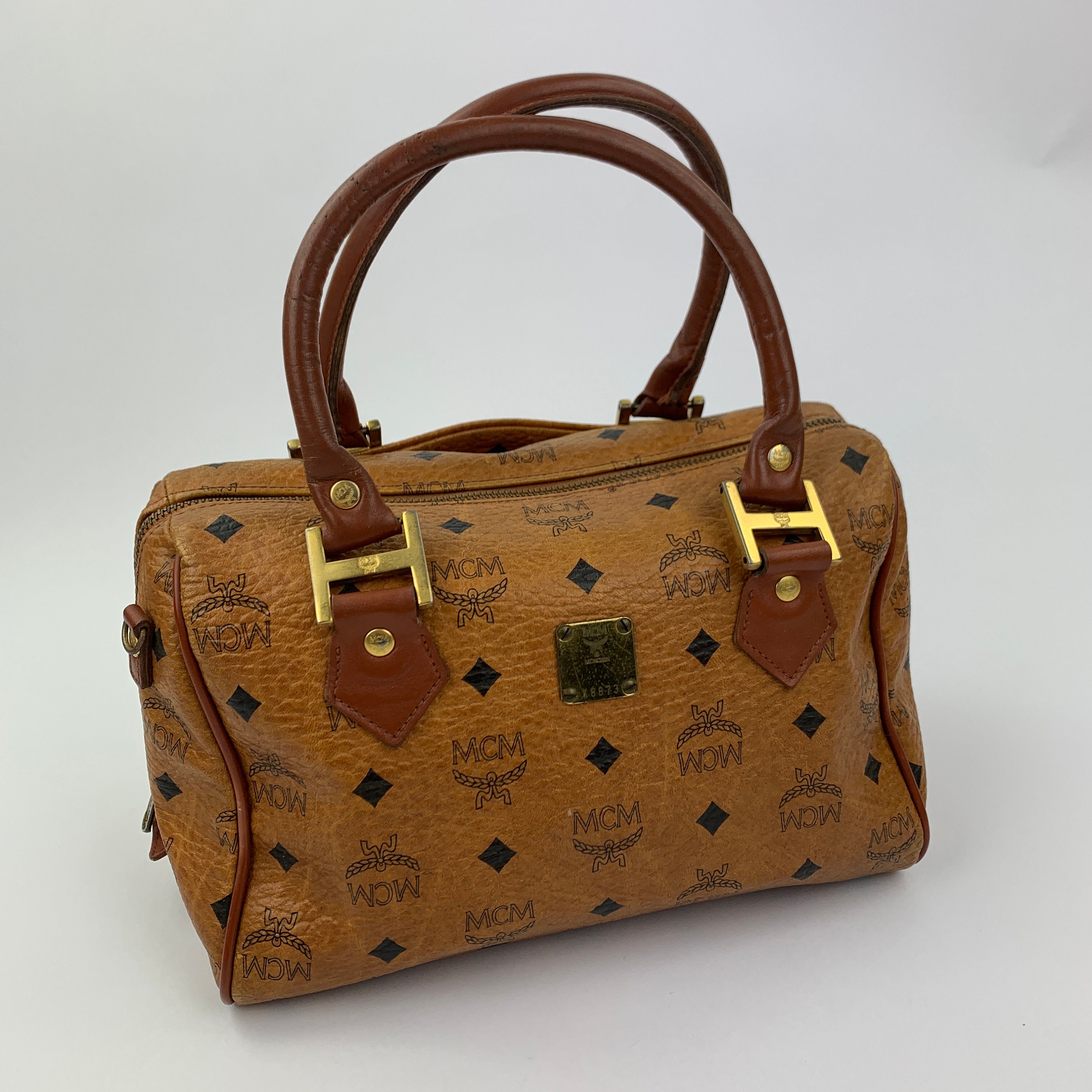 Authentic MCM Vintage Cognac Visetos Coated Canvas Leather Medium Boston Bag