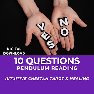 Op de afbeelding: Een digitale downloadafbeelding met de woorden "YES" en "NO" in zwart-witte letters. De afbeelding bevat de tekst "10 QUESTIONS PENDULUM READING" en "INTUITIVE CHEETAH TAROT & HEALING" op een paarse achtergrond.