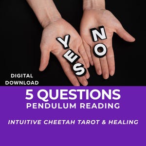 Op de afbeelding: Op een zwarte achtergrond houden twee handen de woorden "YES" en "NO" vast. De afbeelding bevat ook de tekst "DIGITALE DOWNLOAD" en "5 QUESTIONS PENDULUM READING" en "INTUITIVE CHEETAH TAROT & HEALING".