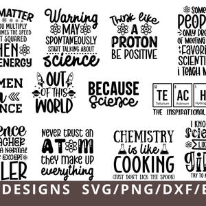 Puede incluir: Una colección de doce diseños gráficos negros con citas y tipografía sobre ciencia. Las frases incluyen You Matter, Warning May Spontaneously Start Talking About Science, Think Like A Proton y Teacher The Inspirational Element.