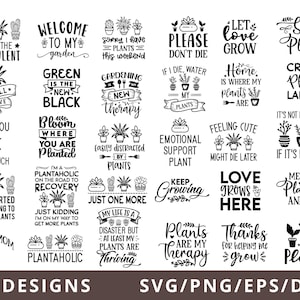 Puede incluir: Una colección de 30 diseños gráficos en blanco y negro con varias ilustraciones de plantas en macetas y tipografía humorística sobre plantas. El texto incluye frases como What the Succulent, Plant Mom y Love Grows Here, dispuestas en una cuadrícula.