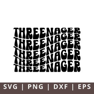 May include: A black graphic design featuring the word THREE-NAGER repeated five times in a stacked, wavy, distorted font. The text is arranged in a vertical, undulating pattern, creating a rhythmic visual effect against a plain white background.