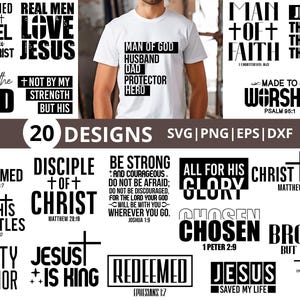 May include: A collection of 20 black and white graphic designs featuring religious text and cross symbols, including phrases like Man of God, Jesus is King, and Redeemed. One design is displayed on a white t-shirt worn by a person in the center.