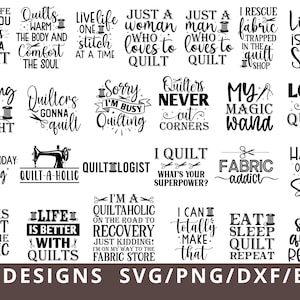Pode incluir: Uma coleção de 25 designs de texto em preto com citações sobre quilting e ilustrações de ferramentas de costura como agulhas, tesouras e carretéis de linha. As frases incluem Life is a Stitch, Quilt-a-holic e Eat Sleep Quilt Repeat.