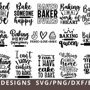 Könnte beinhalten: Eine Sammlung von fünfzehn schwarz-weißen typografischen Designs mit Back-Themen wie Baked with love, Baking is my therapy und Baking queen, begleitet von Symbolen wie Nudelhölzern, Schneebesen, Herzen und Kronen, beschriftet mit 30 DESIGNS SVG/PNG/DXF/EPS.