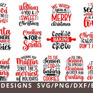 May include: A collection of 14 Christmas-themed graphic designs featuring red and black typography with holiday motifs like gingerbread men, snowflakes, and baking tools. The text includes phrases such as Let's Get Baked, Cookie Baking Crew, and Christmas Calories Don't Count.
