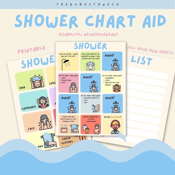 Shower Routine Printable Chart - Neurodivergent, ADHD, Autism, Visual Learners, Independence Training Aid