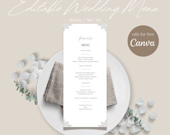Bewerkbare bruiloftmenusjabloon - elegant ontwerp, aanpasbare Canva, trouwbarkaarten