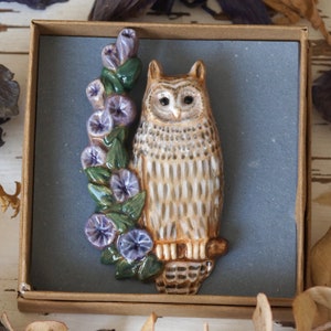 Owl brooch pin. Ceramic eagle owl sits on a branch with blue flowers. Pottery brooch eagle-owl. image 2