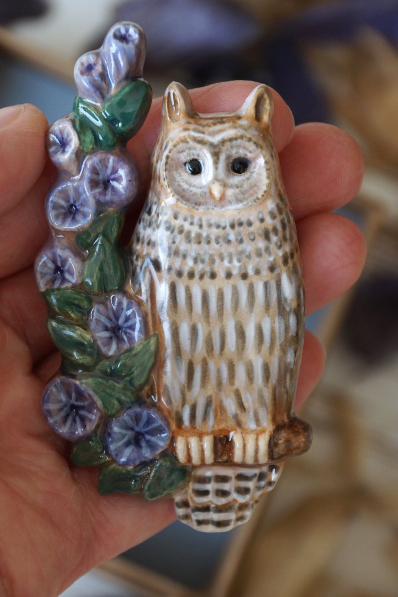 Owl brooch pin. Ceramic eagle owl sits on a branch with blue flowers. Pottery brooch eagle-owl. image 3