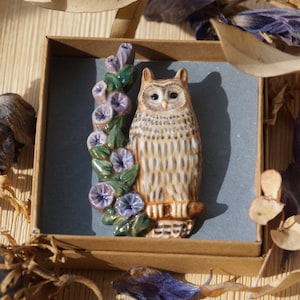 Owl brooch pin. Ceramic eagle owl sits on a branch with blue flowers. Pottery brooch eagle-owl. image 4