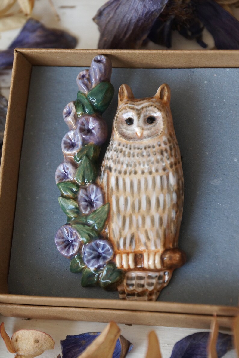 Owl brooch pin. Ceramic eagle owl sits on a branch with blue flowers. Pottery brooch eagle-owl. image 6