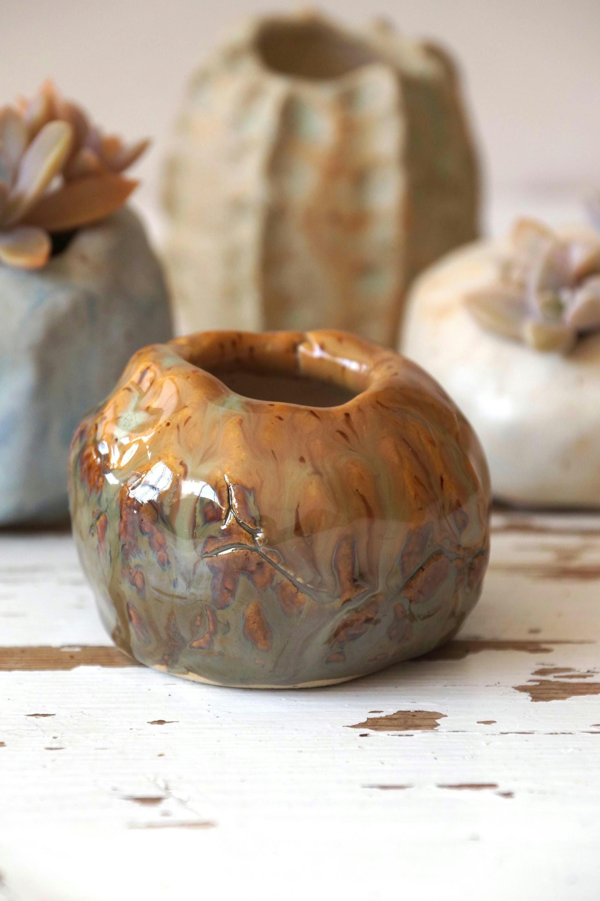Small stone flowerpot for cacti and succulents. Handmade ceramic pot. Eco style flowerpot, home decoration inspired by nature