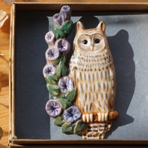 Owl brooch pin. Ceramic eagle owl sits on a branch with blue flowers. Pottery brooch eagle-owl. image 5