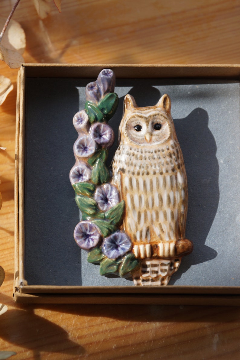 Owl brooch pin. Ceramic eagle owl sits on a branch with blue flowers. Pottery brooch eagle-owl. image 5