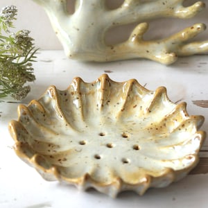 May include: A ceramic soap dish with a scalloped edge and small drainage holes. The dish is off-white with brown speckles and a glossy finish. A ceramic coral sculpture is in the background. The overall theme is coastal decor.